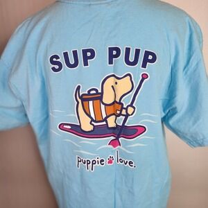 Puppie Love SUP PUP Paddleboarding Dog Light Blue Graphic T-Shirt Womens Large